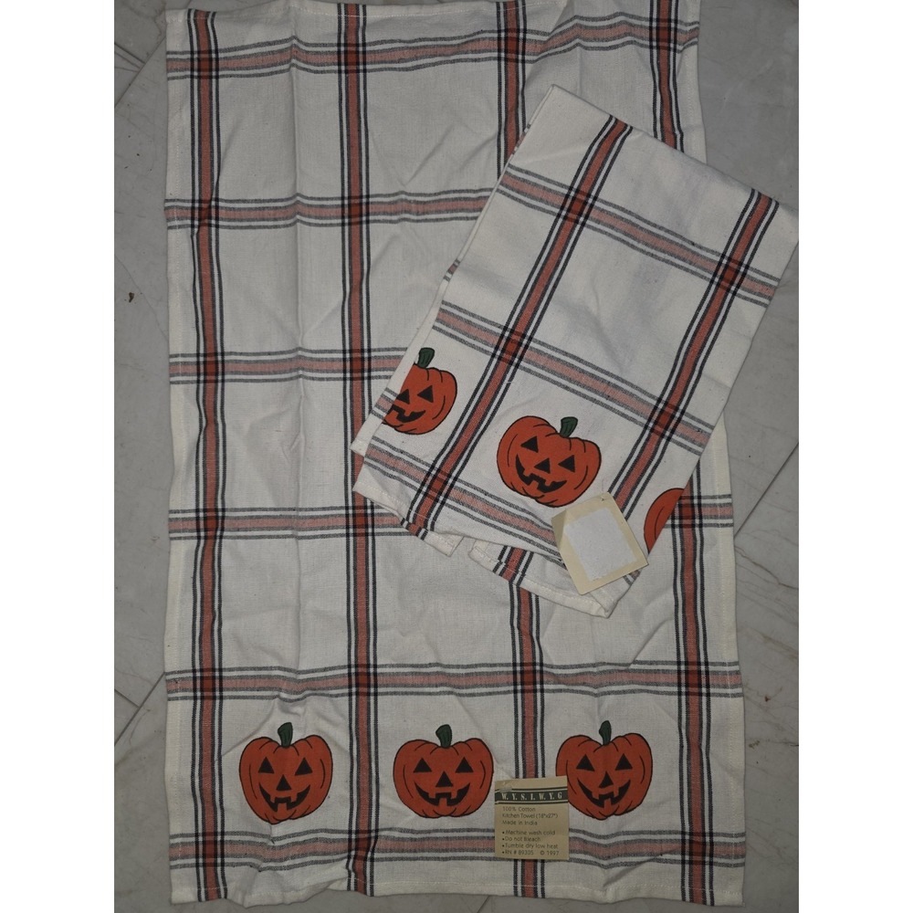 VTG 1997 WYSIWYG Halloween Kitchen Towels Set of 2 Jack-O-Lantern Plaid Cotton